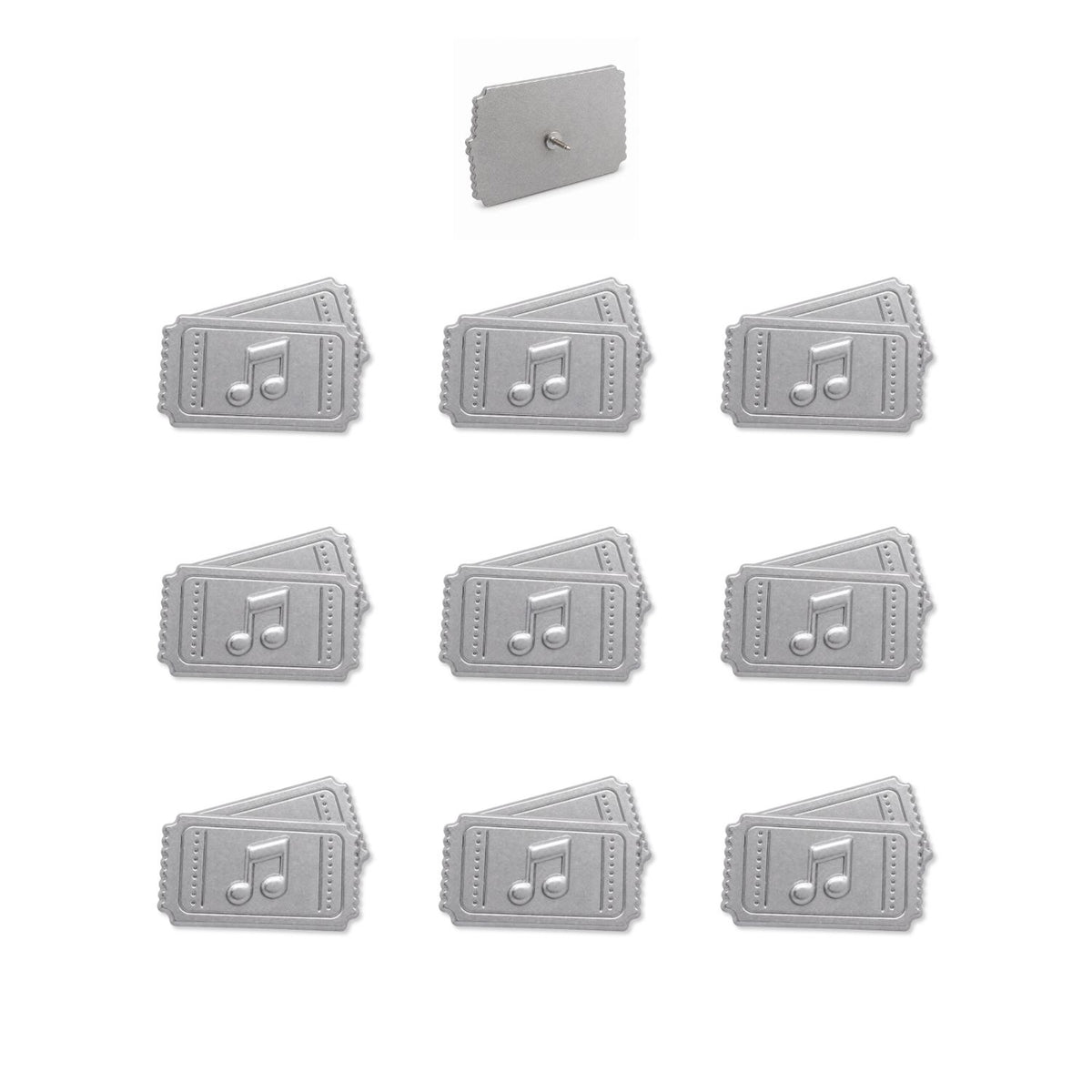 Set of nine silver metal concert ticket push pins with music note embossed detail shown flat lay