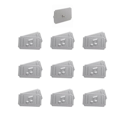 Set of nine silver metal concert ticket push pins with music note embossed detail shown flat lay