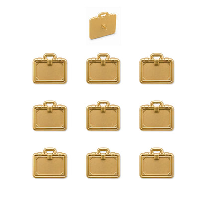 Set of ten gold metal briefcase push pins with 3D detail and pin backing shown on white background