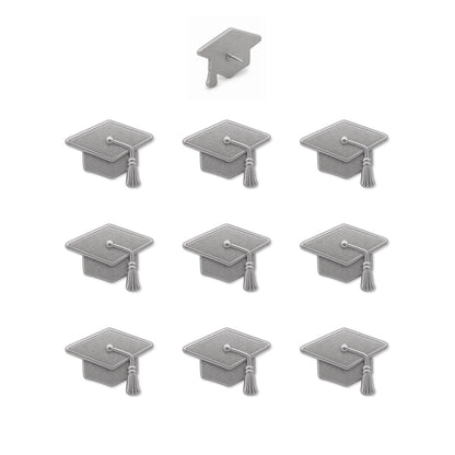 Set of ten silver matte metal graduation cap push pins with tassel detail