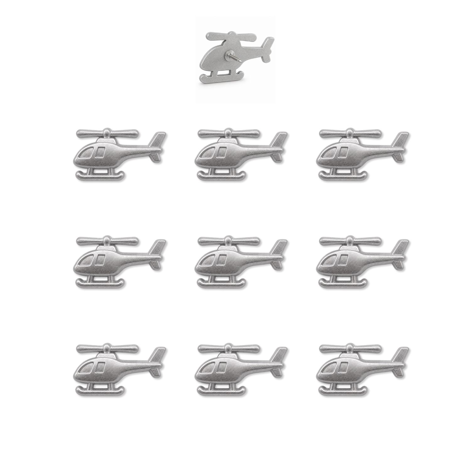 Set of ten silver matte metal helicopter push pins with detailed rotors and skids on white background
