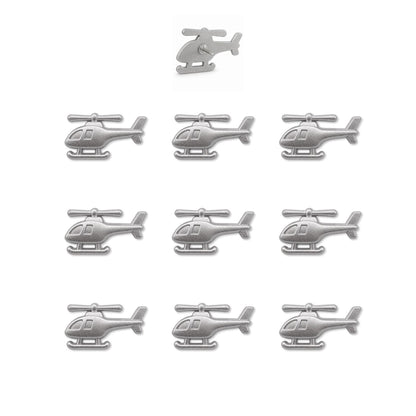 Set of ten silver matte metal helicopter push pins with detailed rotors and skids on white background