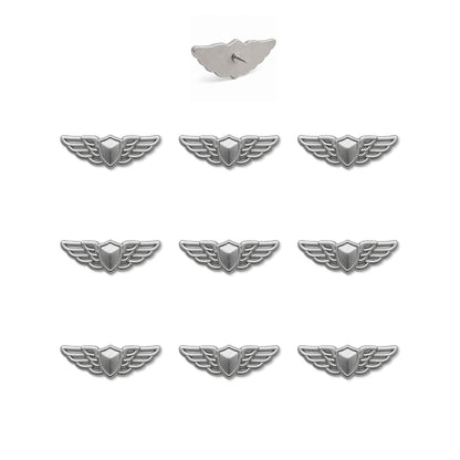 Set of nine silver aviator pilot wings push pins with shield center and pin backing shown