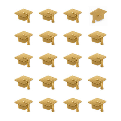 20 matte gold graduation cap push pins with 3D mortarboard tassel design on white background