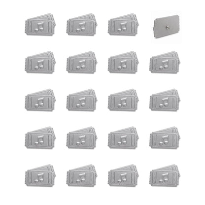 Set of 20 silver metal concert ticket push pins with music note embossed detail, back view shown