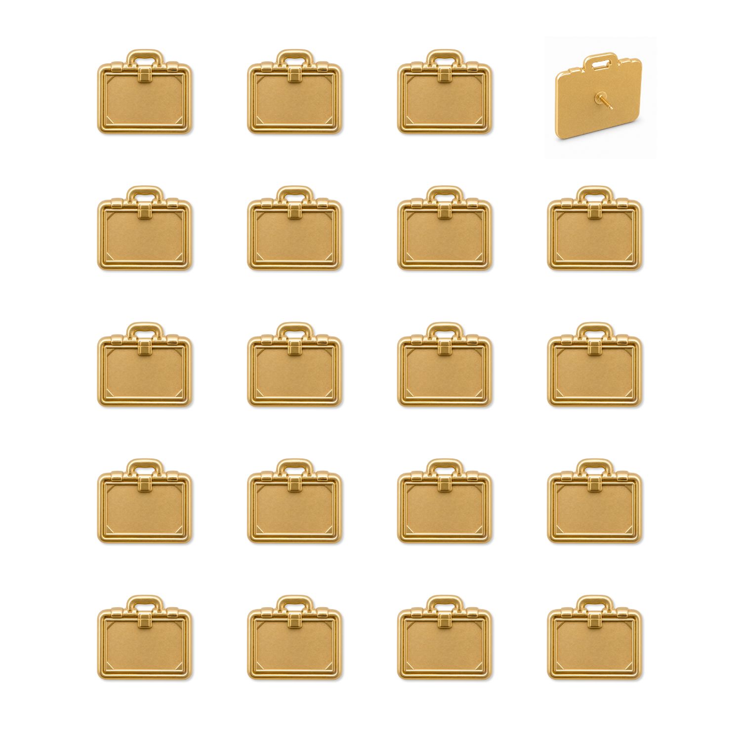 Set of 20 gold metal briefcase push pins with 3D clasp and handle details
