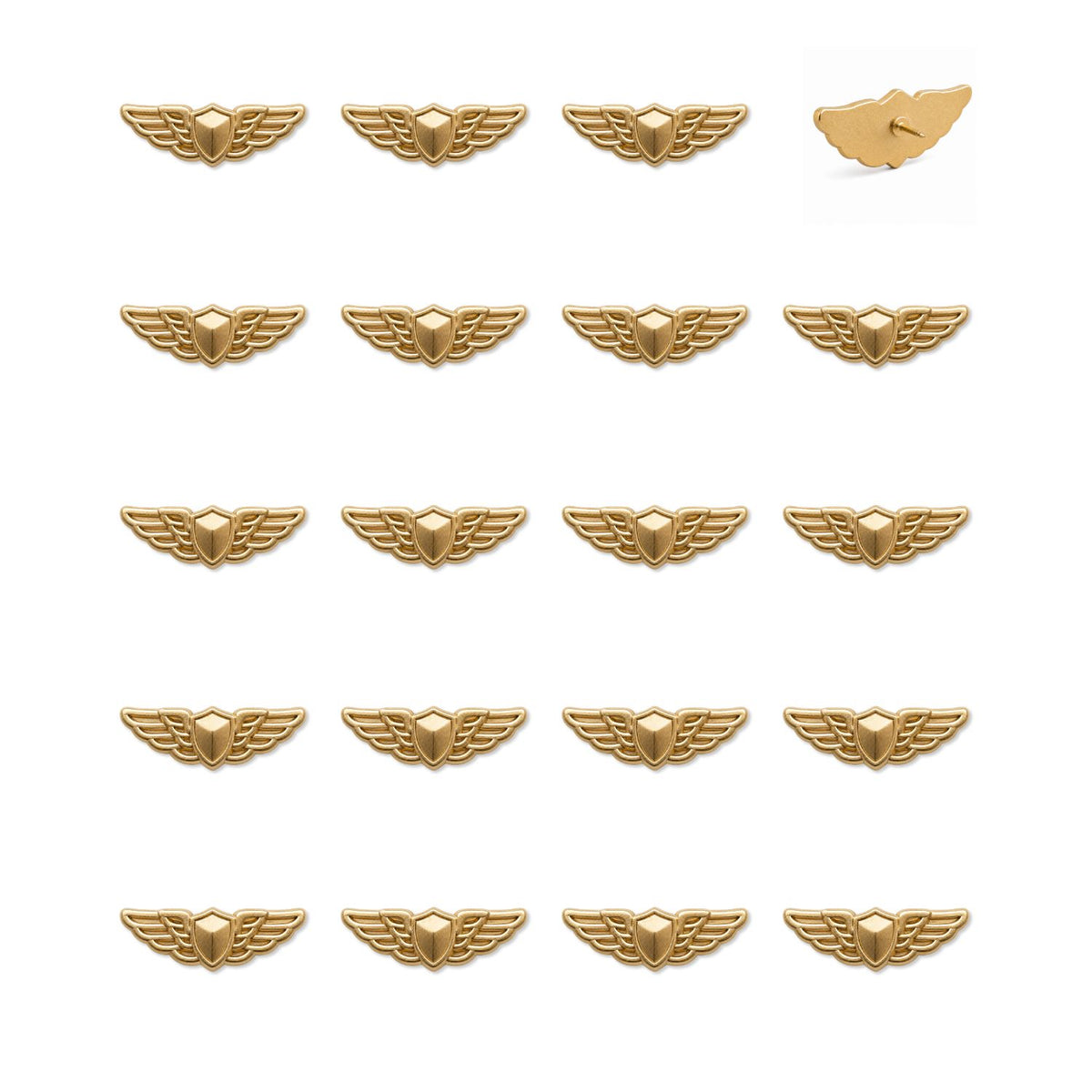 Multiple gold matte pilot wings push pins arranged in grid showing front and back views
