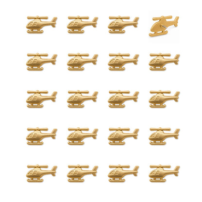 Grid of 20 matte gold metal helicopter push pins with detailed rotors and skids