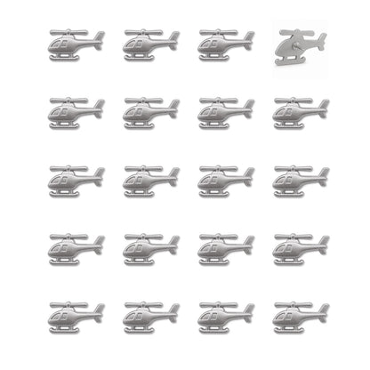 Set of 20 silver matte metal helicopter push pins with detailed rotors and skids arranged in grid