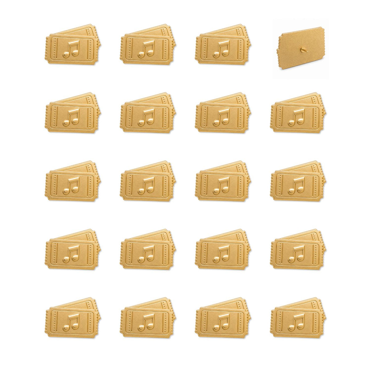 Twenty gold metal concert ticket push pins with music note embossed design shown flat lay with pin backing detail