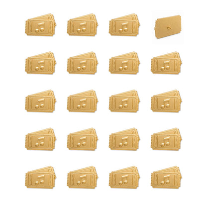 Twenty gold metal concert ticket push pins with music note embossed design shown flat lay with pin backing detail