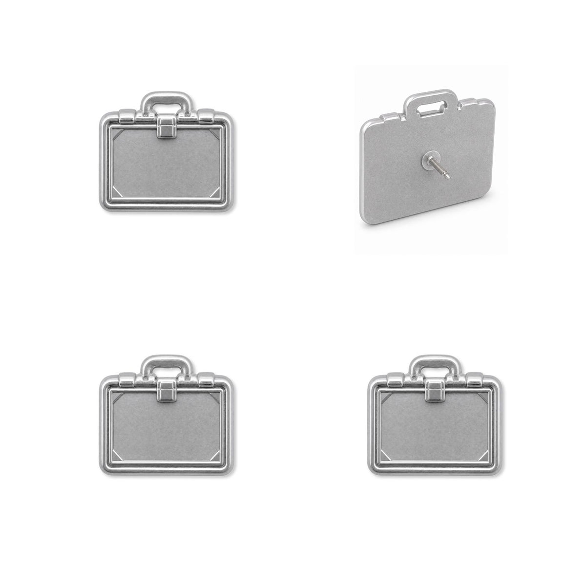 Four silver metal briefcase push pins showing front detail and back pin post views on white background