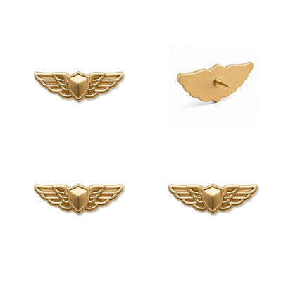 Four matte gold pilot wings push pins showing front and back views with shield center detail