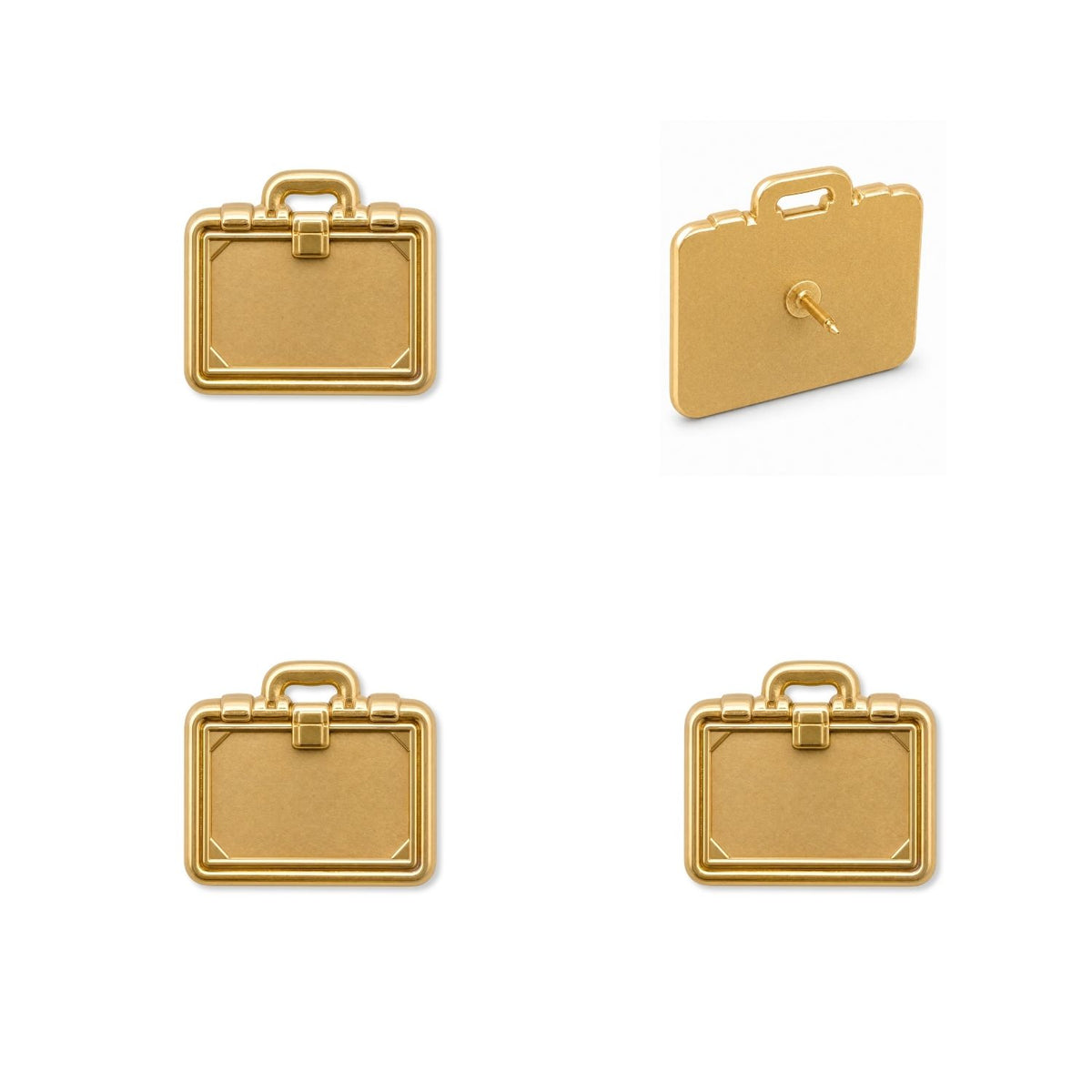 Four gold metal briefcase push pins showing front and back views with 3D detail and pin backing