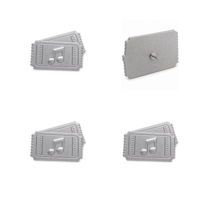Silver metal concert ticket push pins showing front and back views with embossed music note design