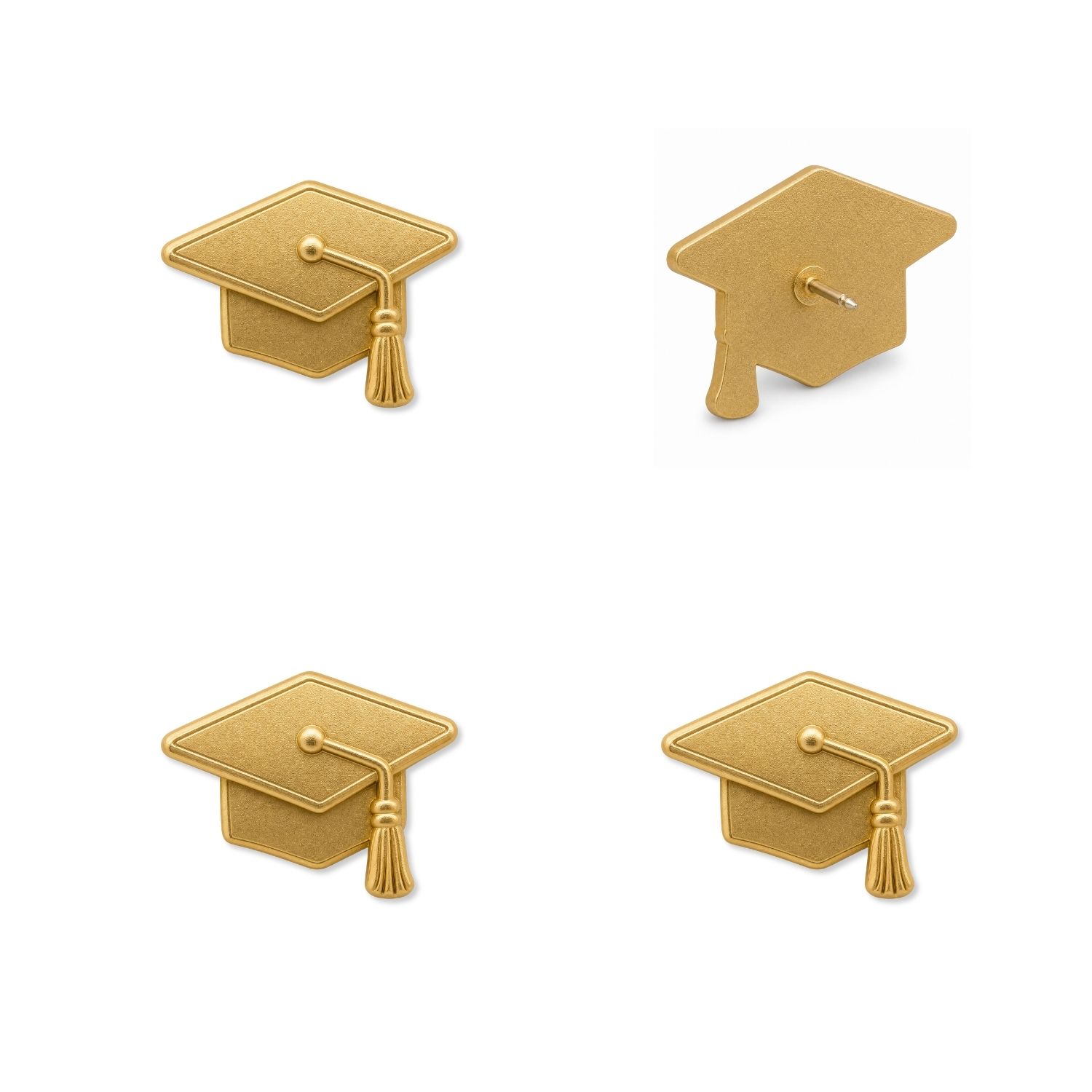 Four matte gold graduation cap push pins showing front and back views with detailed tassel