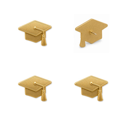 Four matte gold graduation cap push pins showing front and back views with detailed tassel