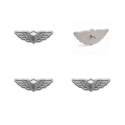 Four silver aviator pilot wings push pins showing front detail and back with pin post visible