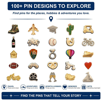 Collage of 100+ specialty lapel pin designs including travel, sports, hobbies and adventure themes