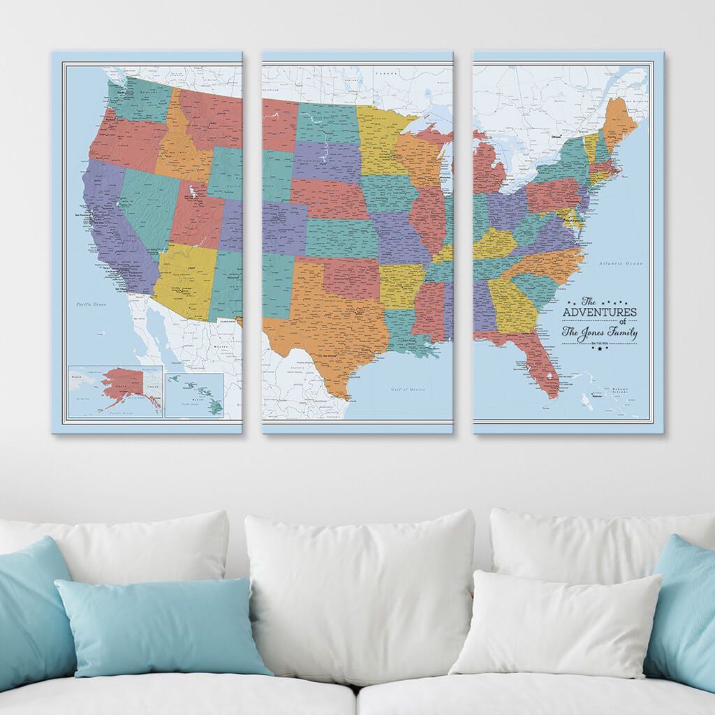 Large Panel Maps 3-Panel USA Map | Large Canvas Travel Map | US Push Pin Maps – Push Pin ...