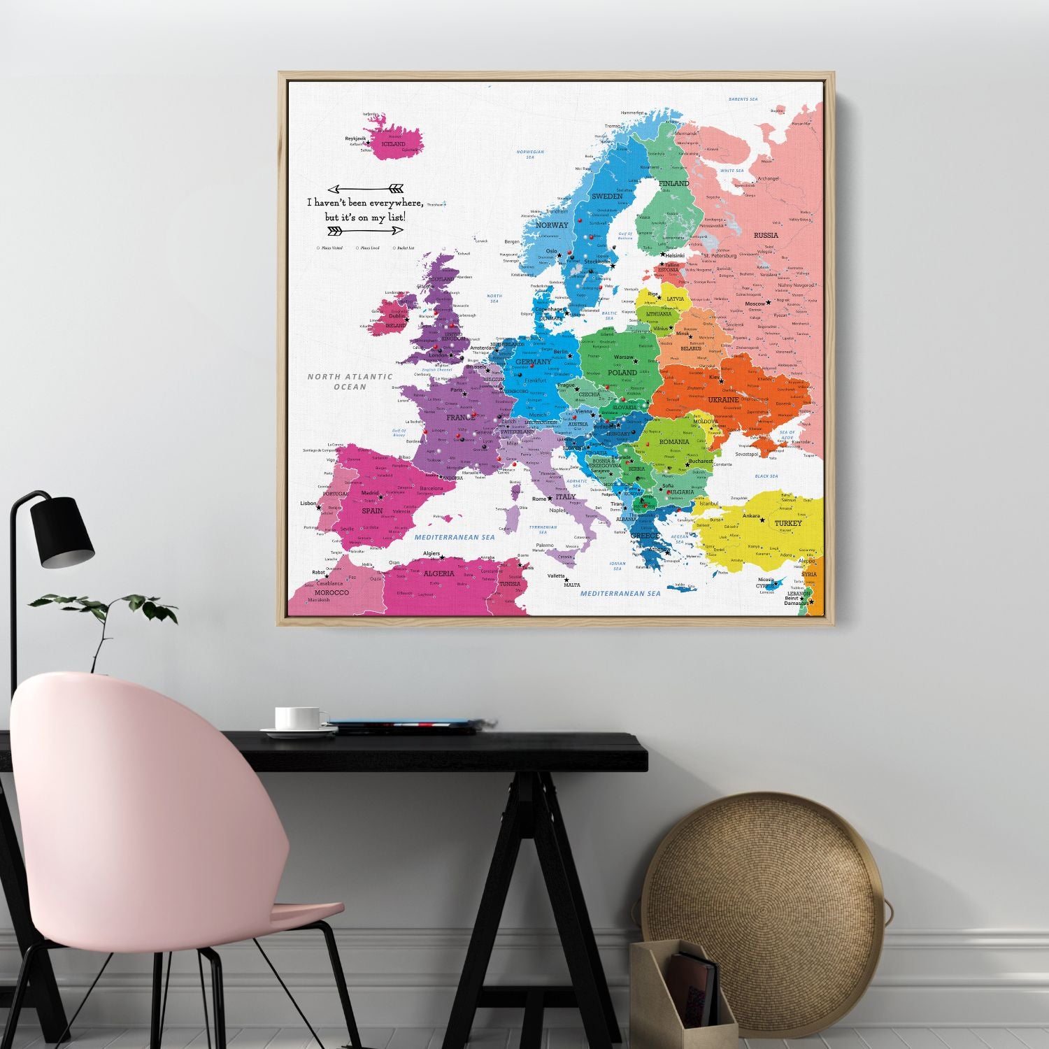 Canvas - Colorful Europe Travel Map with Pins - Square