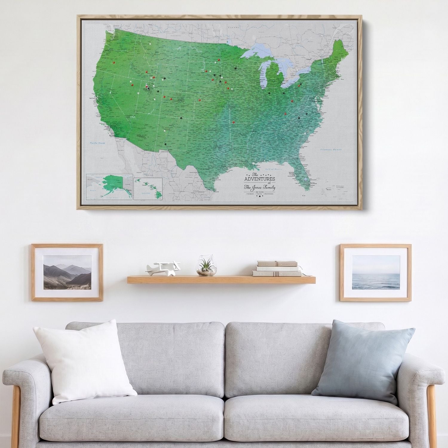 Canvas - Enchanting Emerald Watercolor USA Travel Map with pins