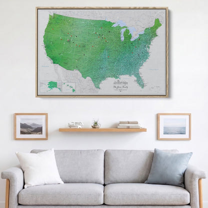 Canvas - Enchanting Emerald Watercolor USA Travel Map with pins