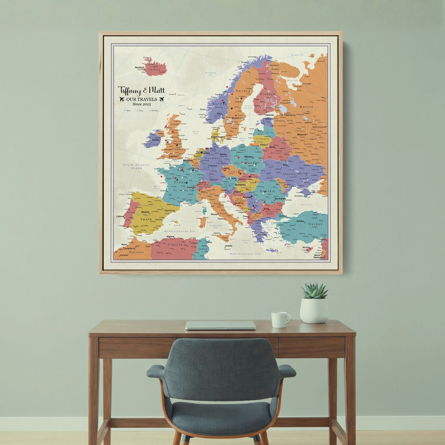 Canvas - Tan Ocean Europe Travel Map with Pins - Square