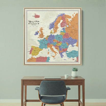 Canvas - Tan Ocean Europe Travel Map with Pins - Square