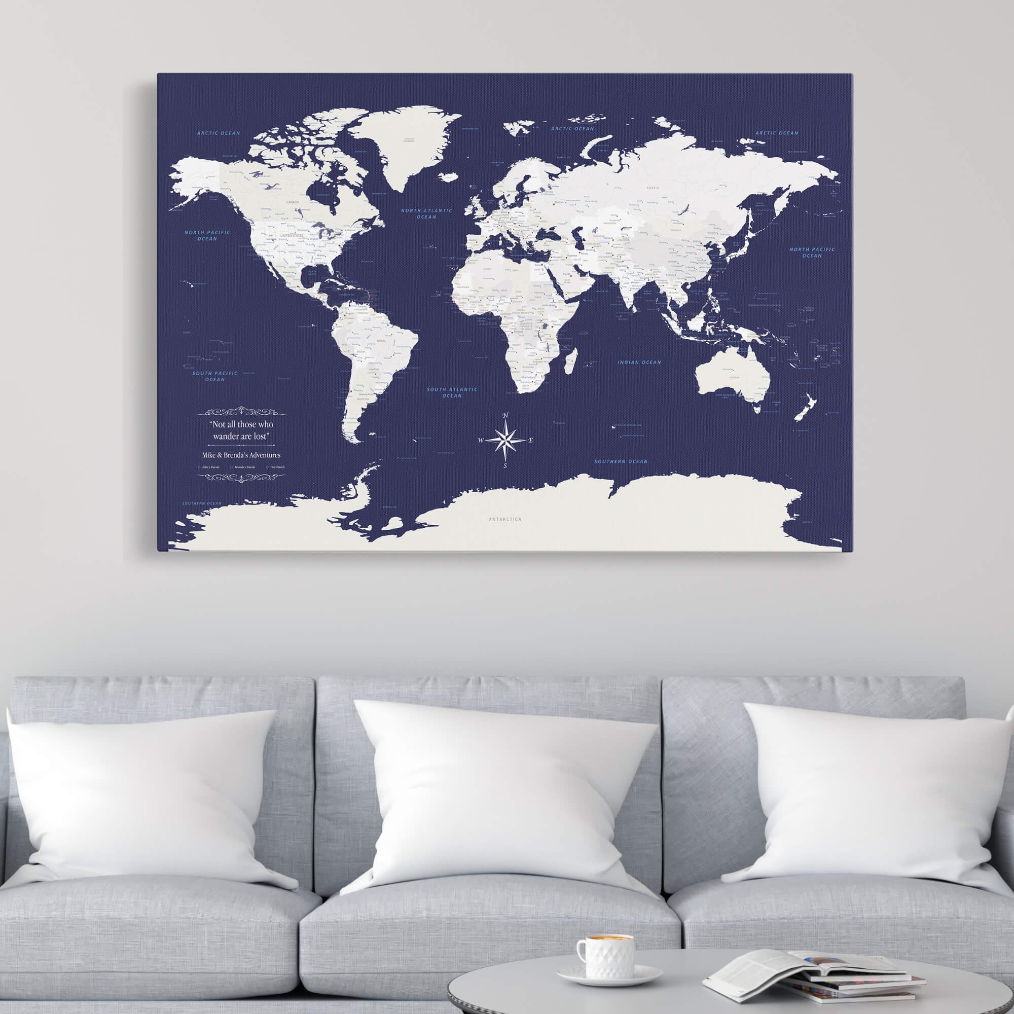 Gallery Wrapped - Navy Explorers World Travel Map with pins
