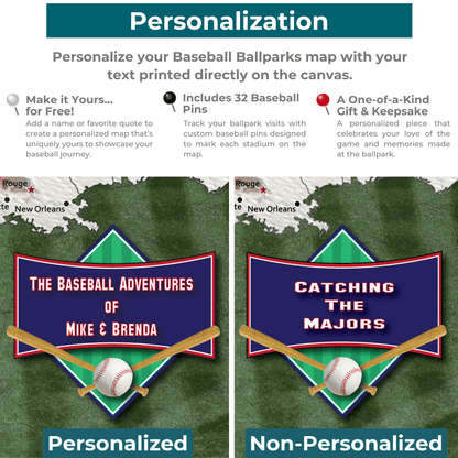 Personalized vs non-personalized baseball ballpark push pin travel map canvas comparison showing custom text options