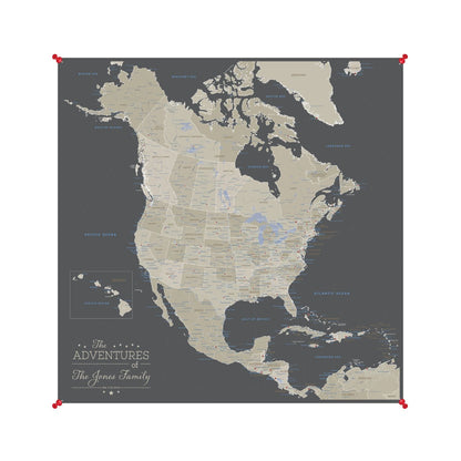 Personalized earth toned North America canvas map poster in gray and tan with red push pins