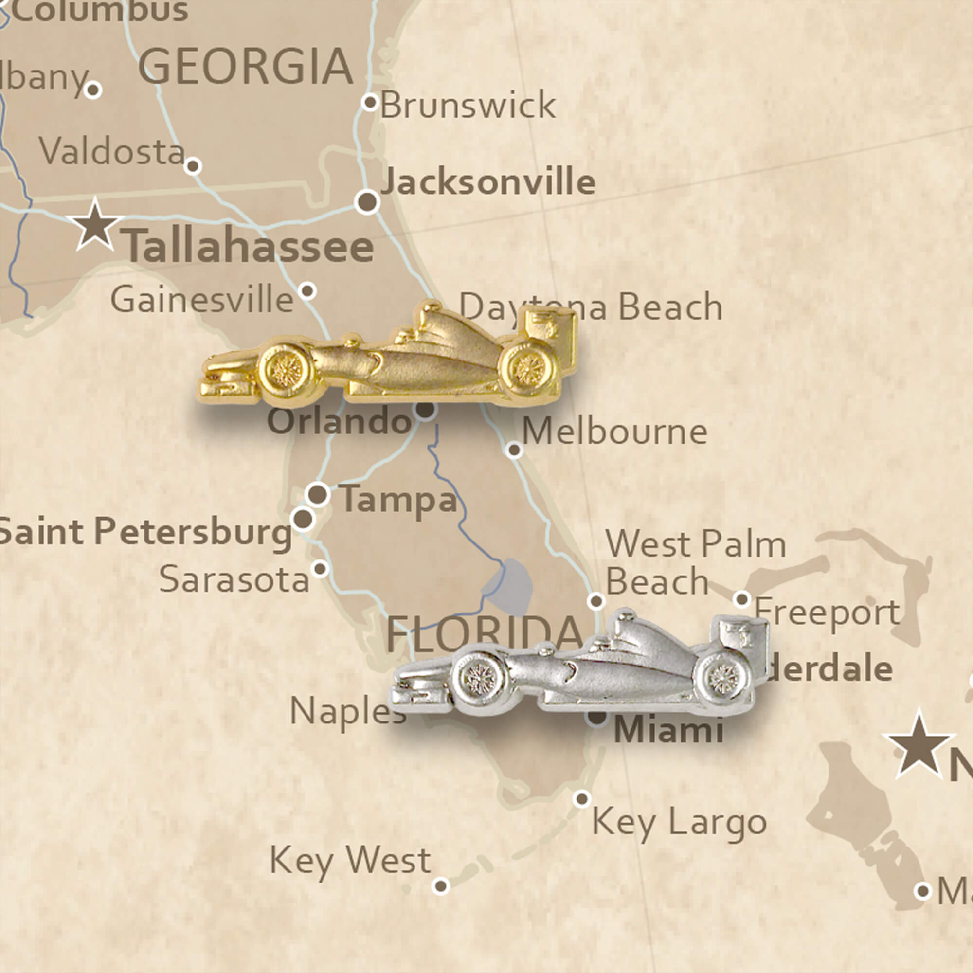 Racecar Push Pins - Silver & Gold Racecar Pins – Push Pin Travel Maps