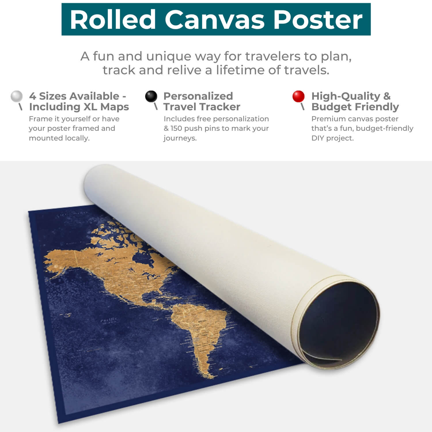 Gold & Navy World Map Rolled Canvas Poster Info