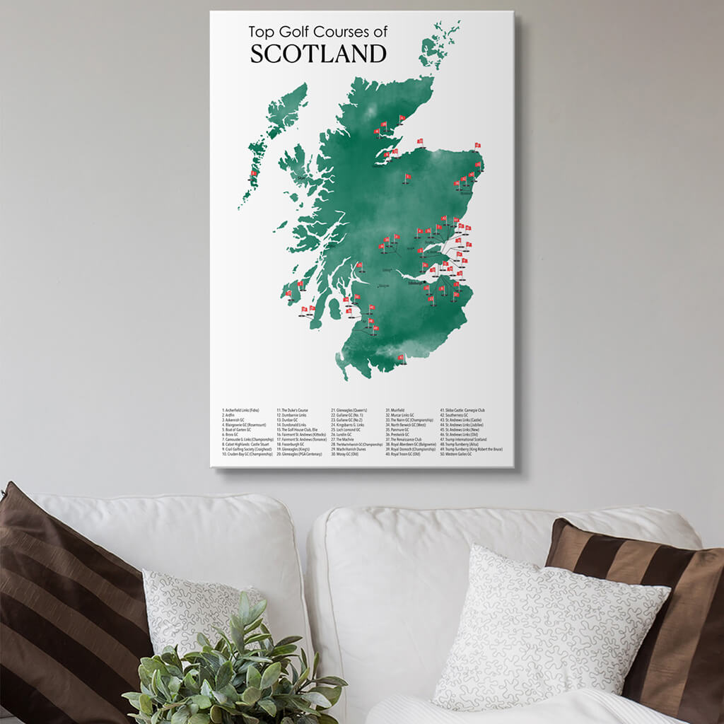 Top Golf Courses of Scotland Gallery Wrapped Canvas Map in 24x36 size