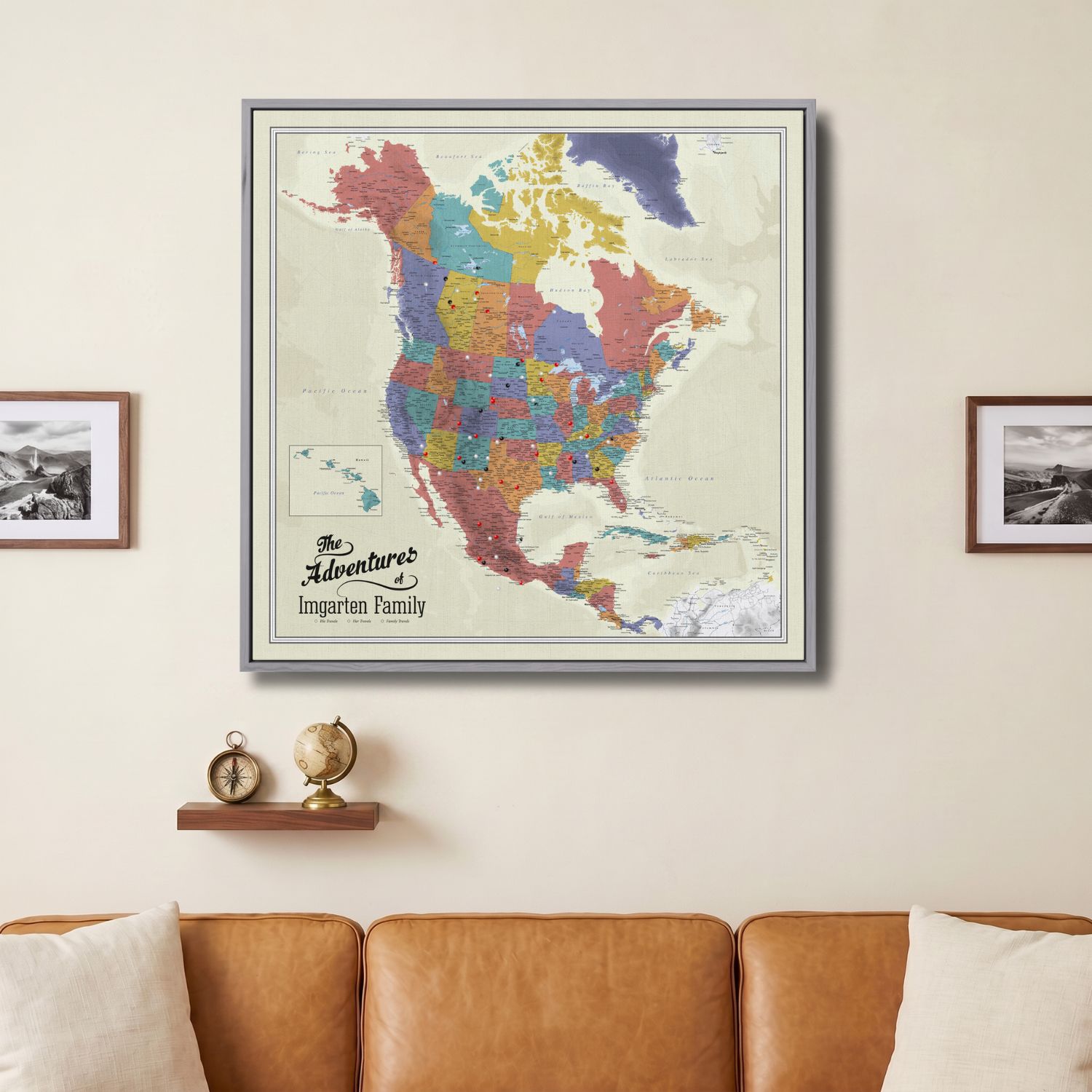 Canvas - Tan Ocean North America Travel Map with Pins