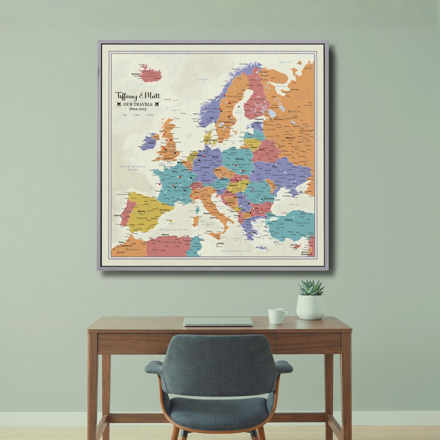 Canvas - Tan Ocean Europe Travel Map with Pins - Square
