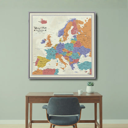 Canvas - Tan Ocean Europe Travel Map with Pins - Square