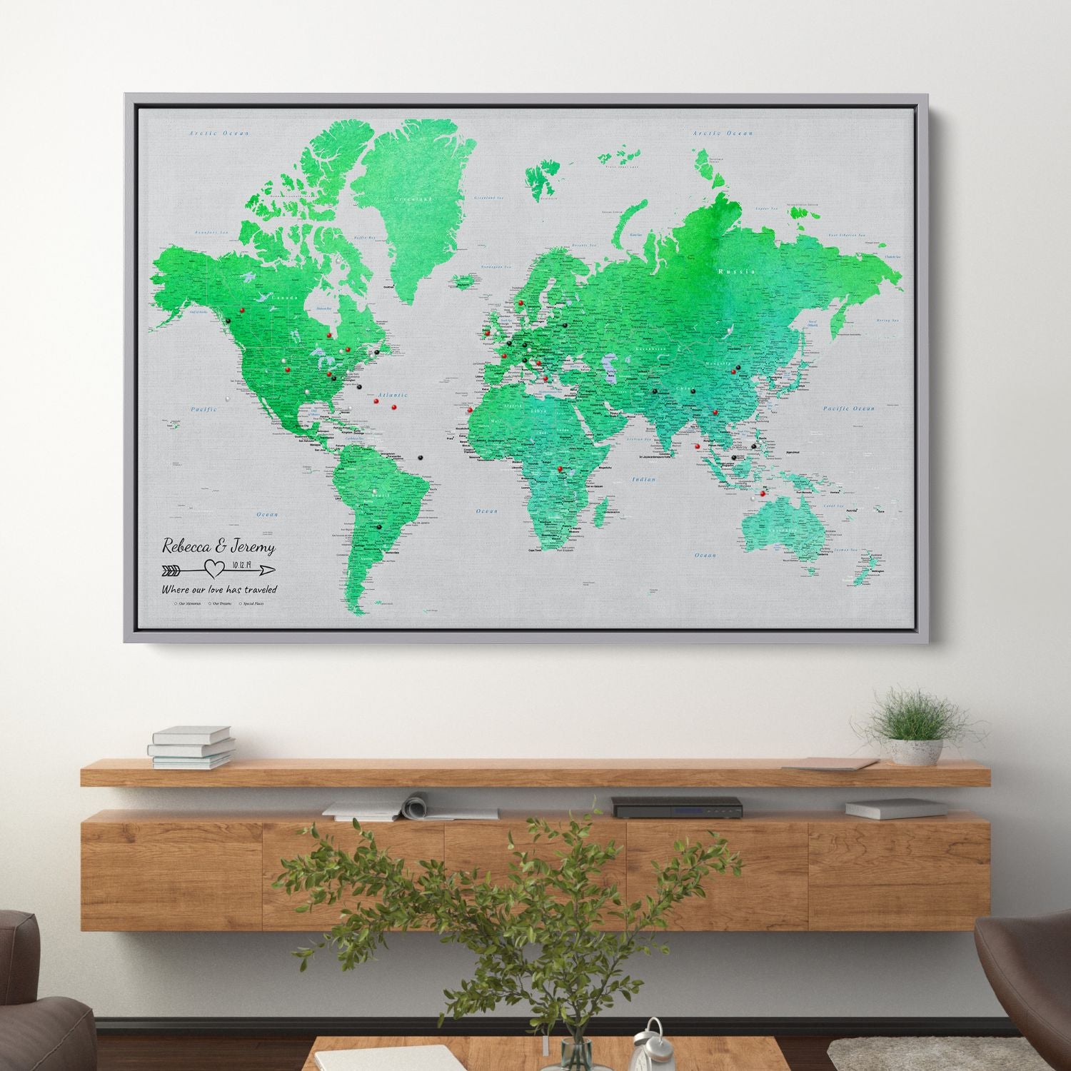 Canvas - Enchanting Emerald Watercolor World Travel Map with pins