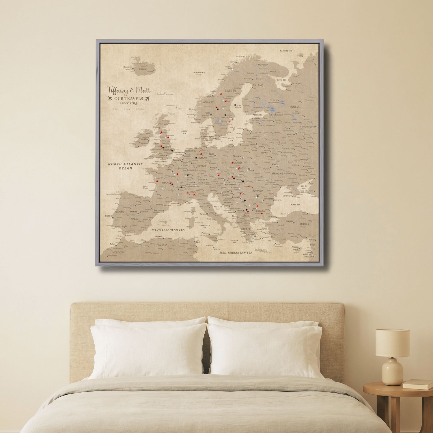 Canvas - Vintage Europe Travel Map with Pins - Square