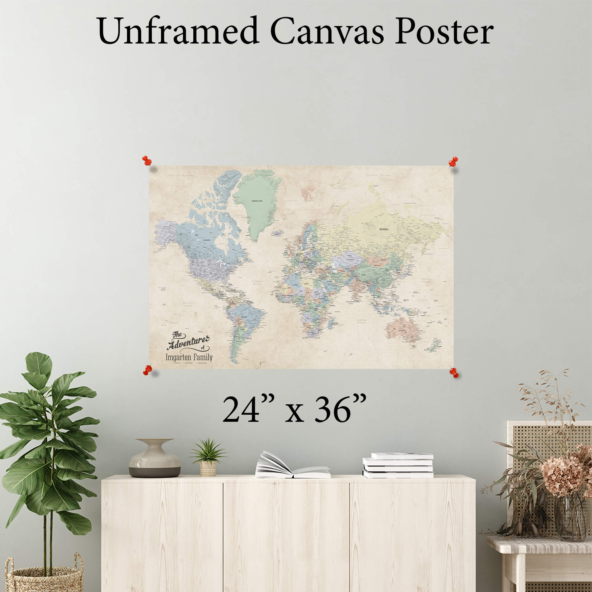 24x36 inch Sandy Dreams World Canvas Map Poster pinned to wall above wooden sideboard with plants