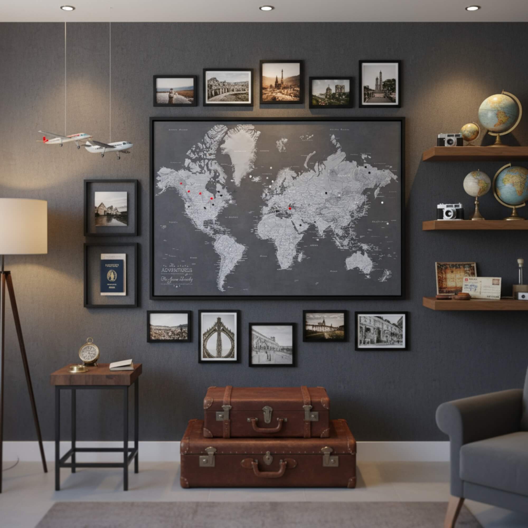 Canvas - Stormy Dreams World Travel Map with pins