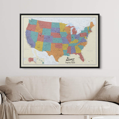 Canvas - Tan Oceans USA Travel Pin Map