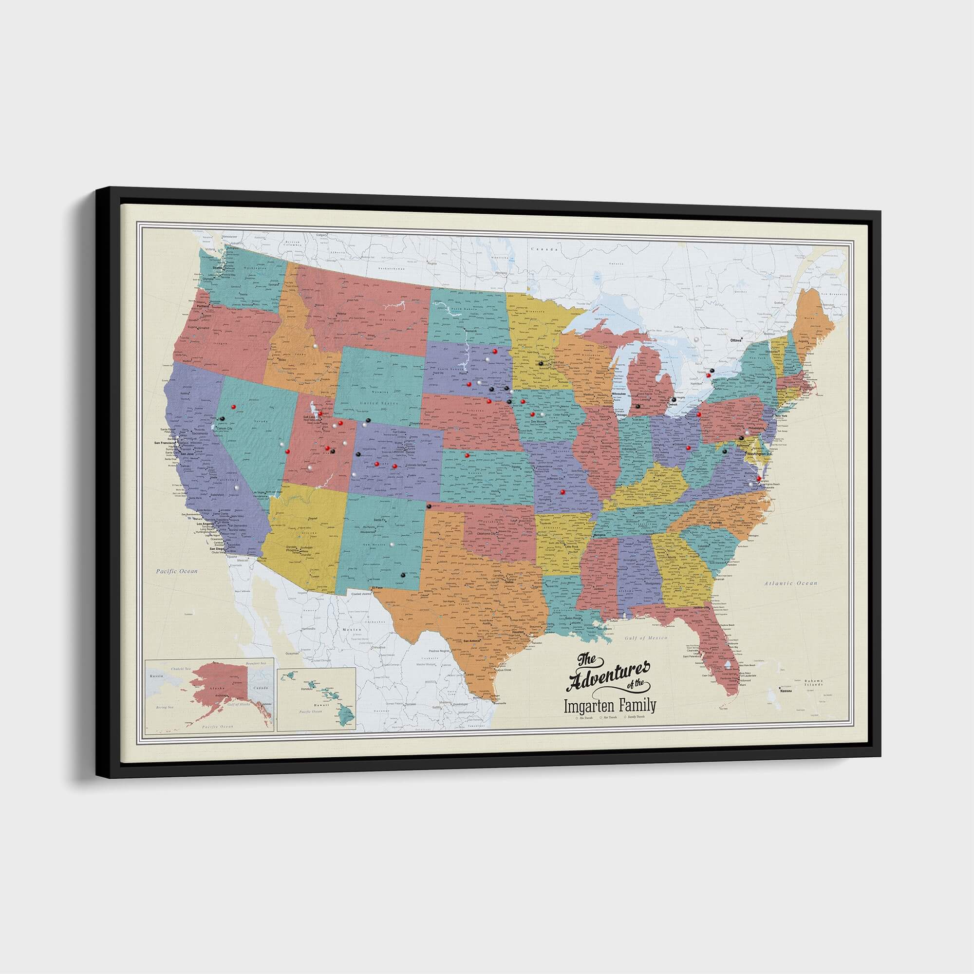 Canvas - Tan Oceans USA Travel Pin Map