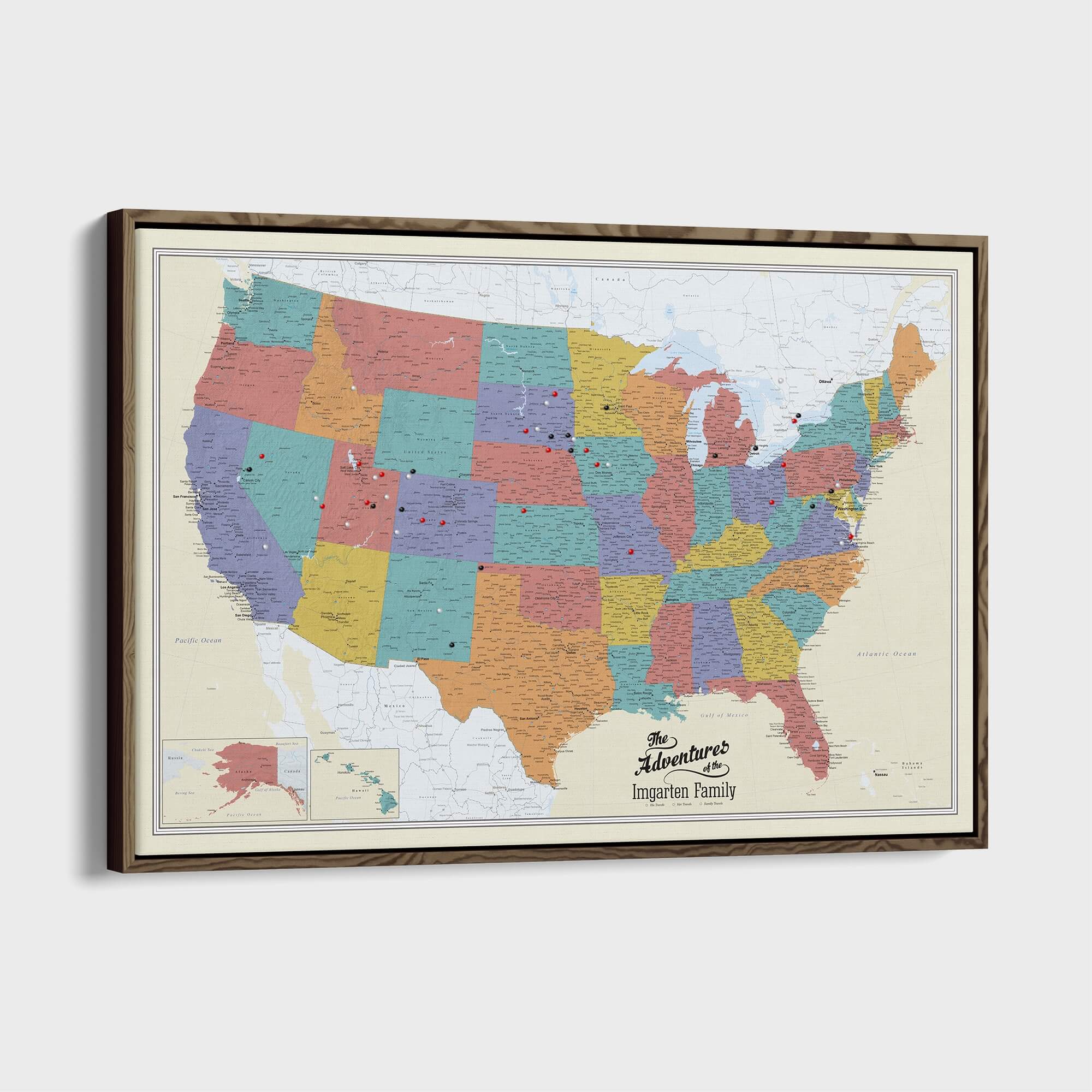 Canvas - Tan Oceans USA Travel Pin Map