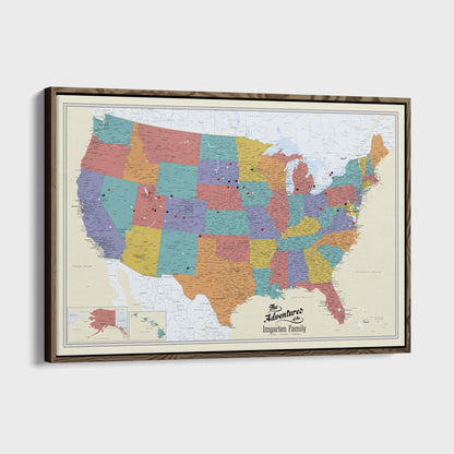 Canvas - Tan Oceans USA Travel Pin Map