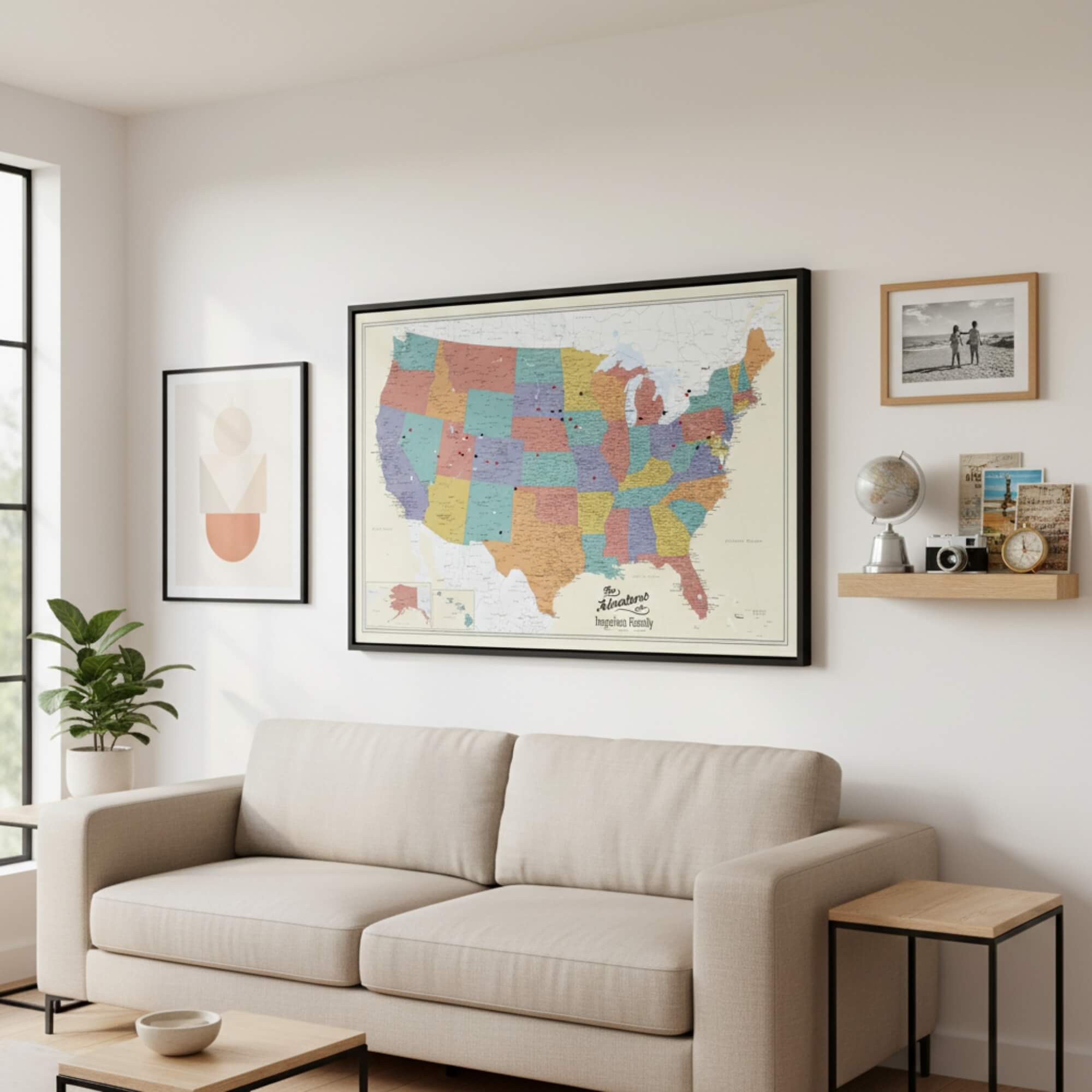 Canvas - Tan Oceans USA Travel Pin Map