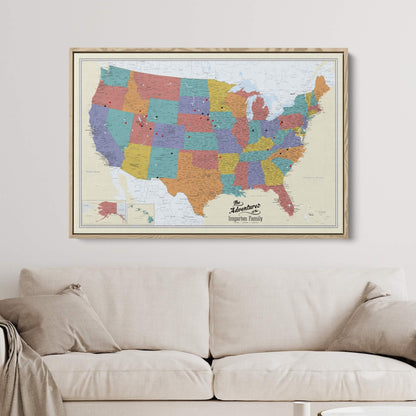 Canvas - Tan Oceans USA Travel Pin Map