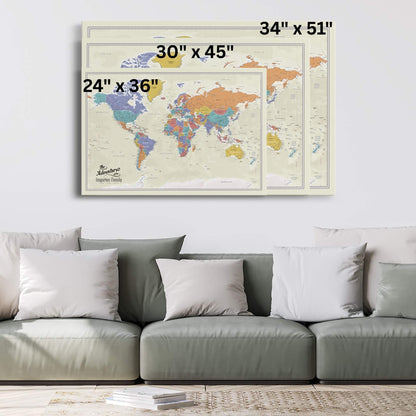 Gallery Wrapped - Tan Oceans World Travel Map with pins