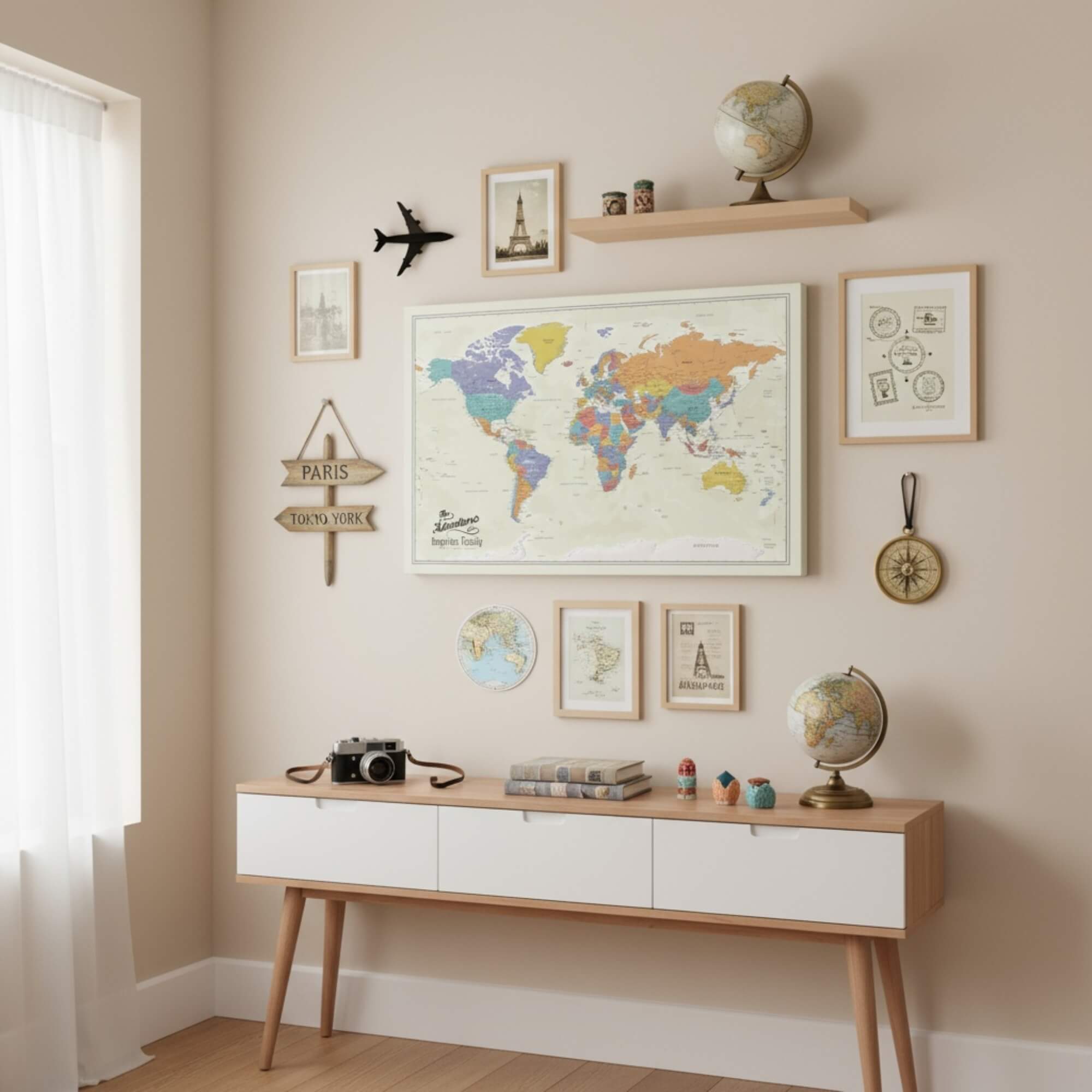 Gallery Wrapped - Tan Oceans World Travel Map with pins